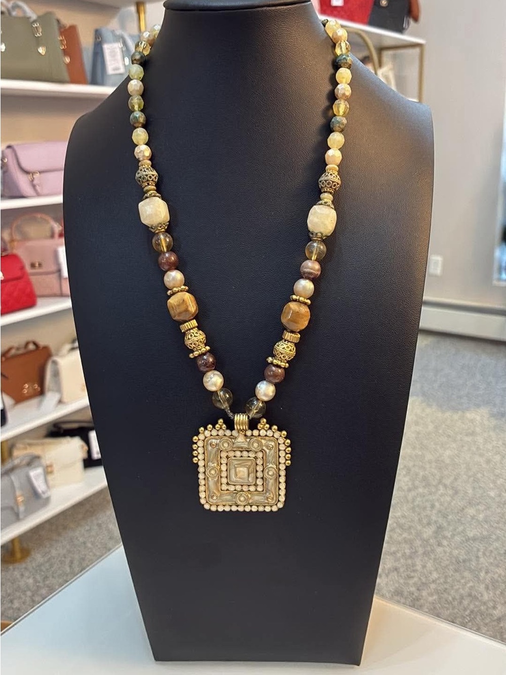 Handcrafted Gold-Tone Beaded Pendant Necklace - Elegant Neutral Tones